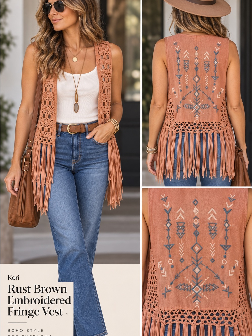 Kori Rust Brown Embroidered Fringe Vest